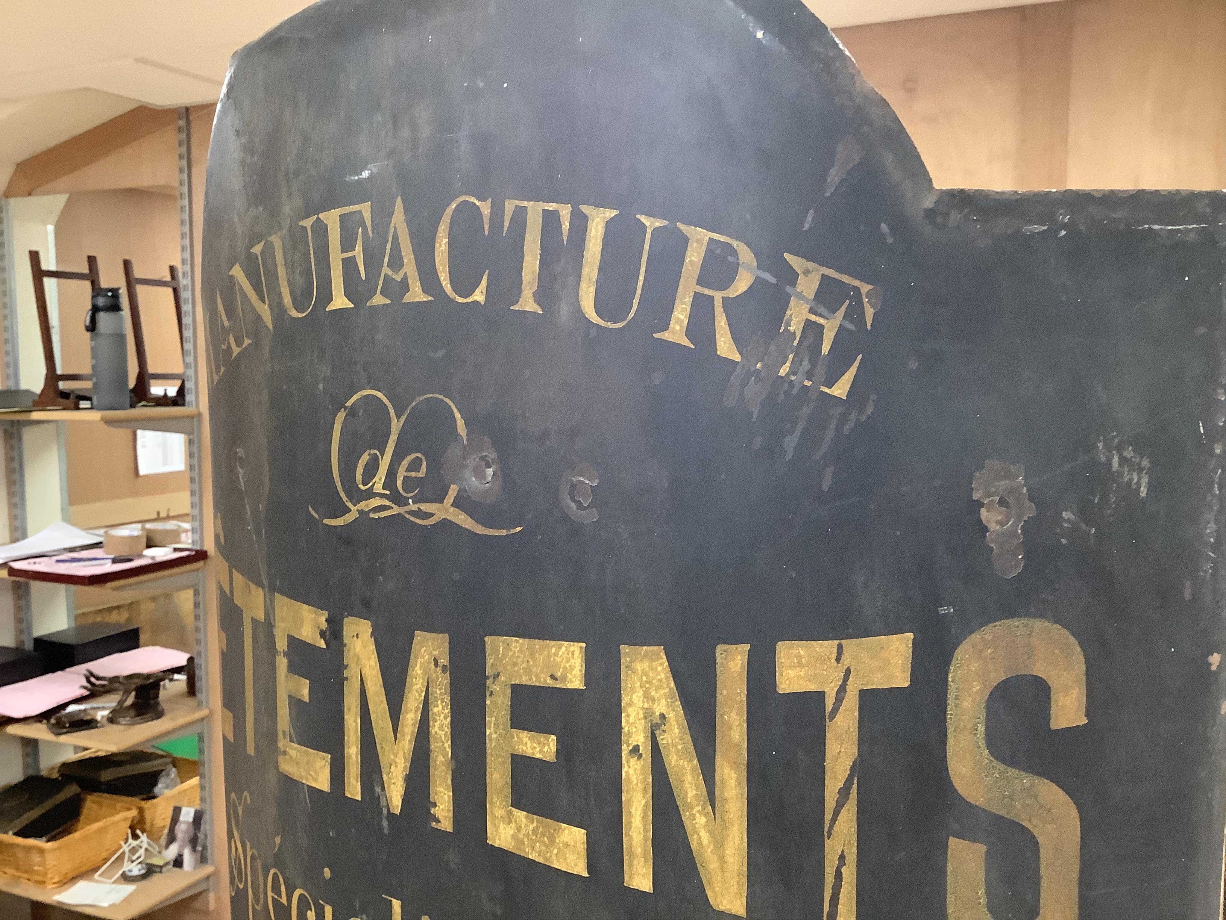 Two curved metal French identical shop signs, 90cm high x 55cm wide